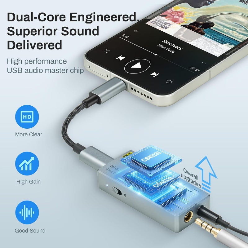 EYTSE مضخم صوت سماعات الرأس المحمول USB C HA05 المحسن، HiFi 32Bit/384kHz DSD256 مع فك تشفير مزدوج CS43131، محول DAC صغير، مخرجات متوازنة 3.5mm/4.4mm، محول صوت للهواتف/الكمبيوترات/اللاب توب/الأجهزة اللوحية - Image 2